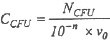Equation of the concentration of viable bacteria in the sample (CFU/mL) determined by cultivation of the liquid collection medium on nutrient agar plates