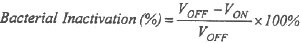 Equation of the bactericidal effect of the ionic air purifier, quantified as the bacterial inactivation (in percent), using the bacterial viability data